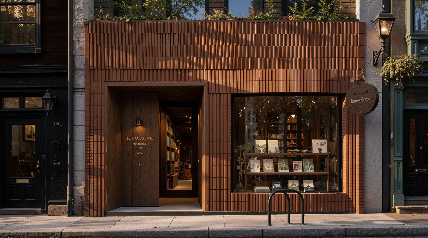 a cozy brick bookstore facade at sunset