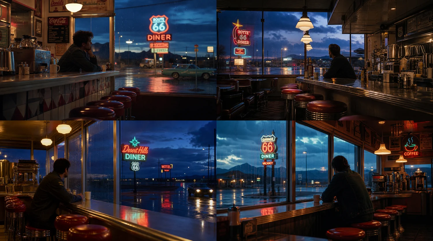 1960s American retro diner on Route 66 generated from a Japanese prompt with neon lights and rain-streaked windows