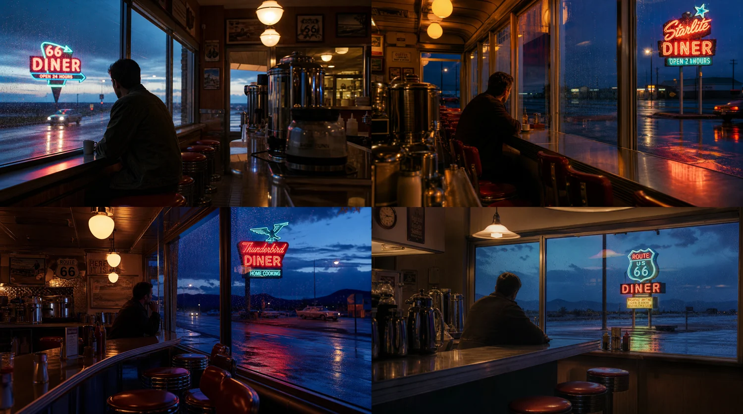 1960s American retro diner on Route 66 generated from a Spanish prompt with neon lights and rain-streaked windows