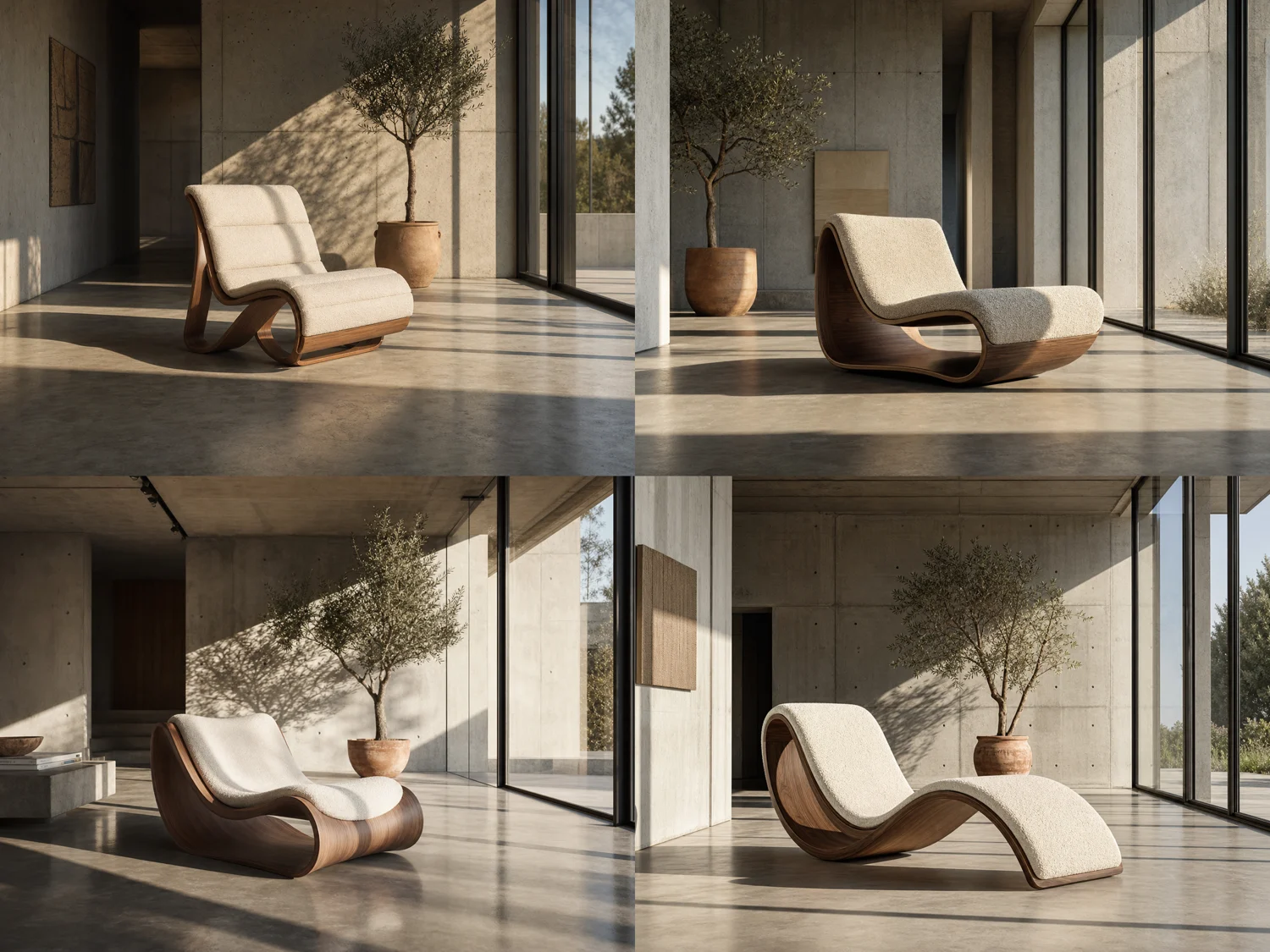 Grid of four architectural interior images generated from an ultra-specific prompt