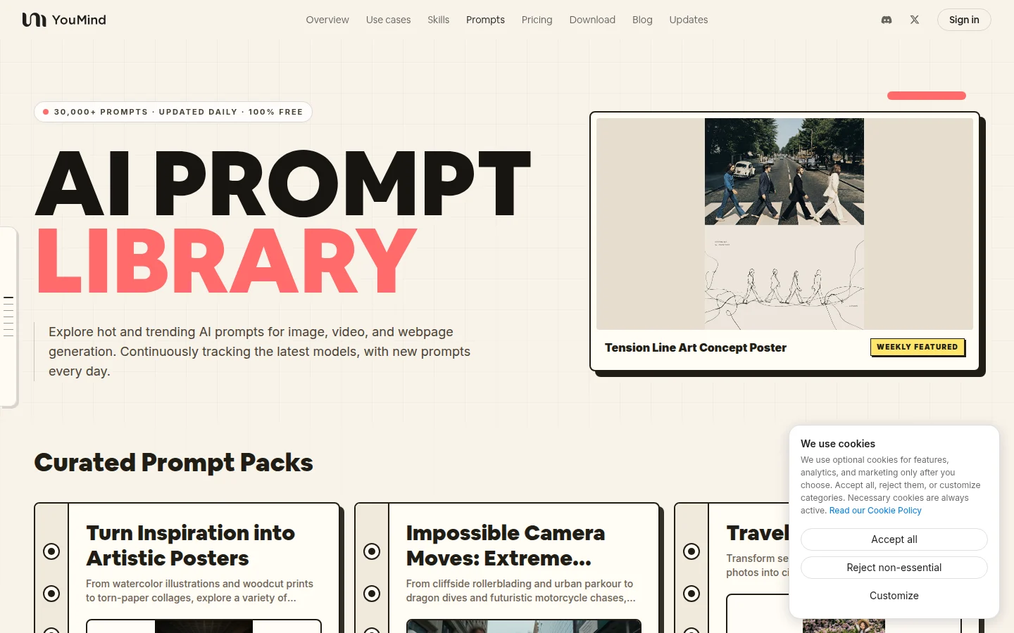 YouMind prompt library sorted by trending image and video prompts
