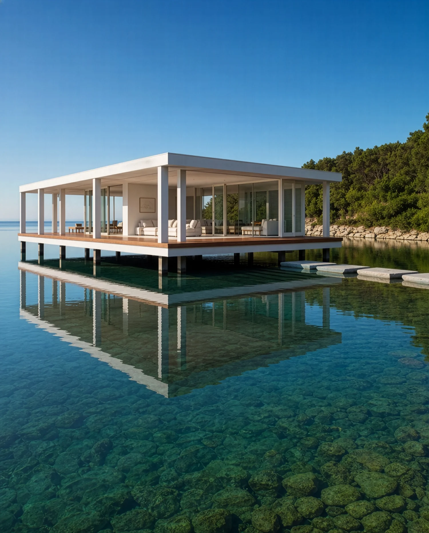 modern minimalist house over clear water