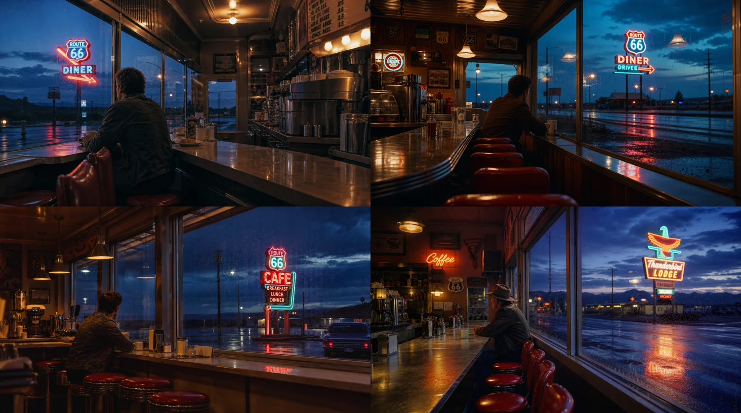 1960s American retro diner on Route 66 generated from an English prompt with neon lights and rain-streaked windows