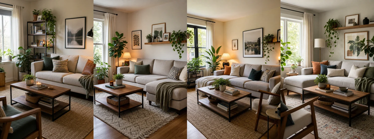 Cozy modern living room generated from a prompt requesting no pink elephants