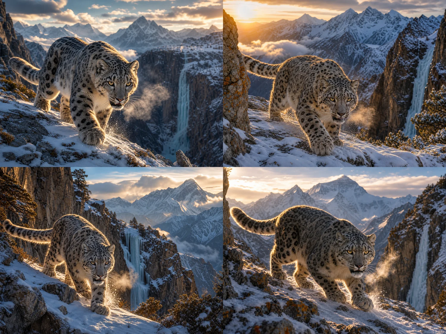 Grid of AI generated snow leopard images created with narrative sentence prompts
