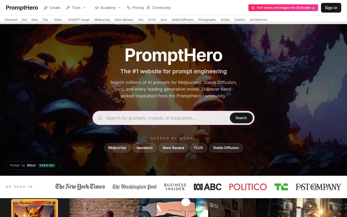 PromptHero search page showing community images with their prompts