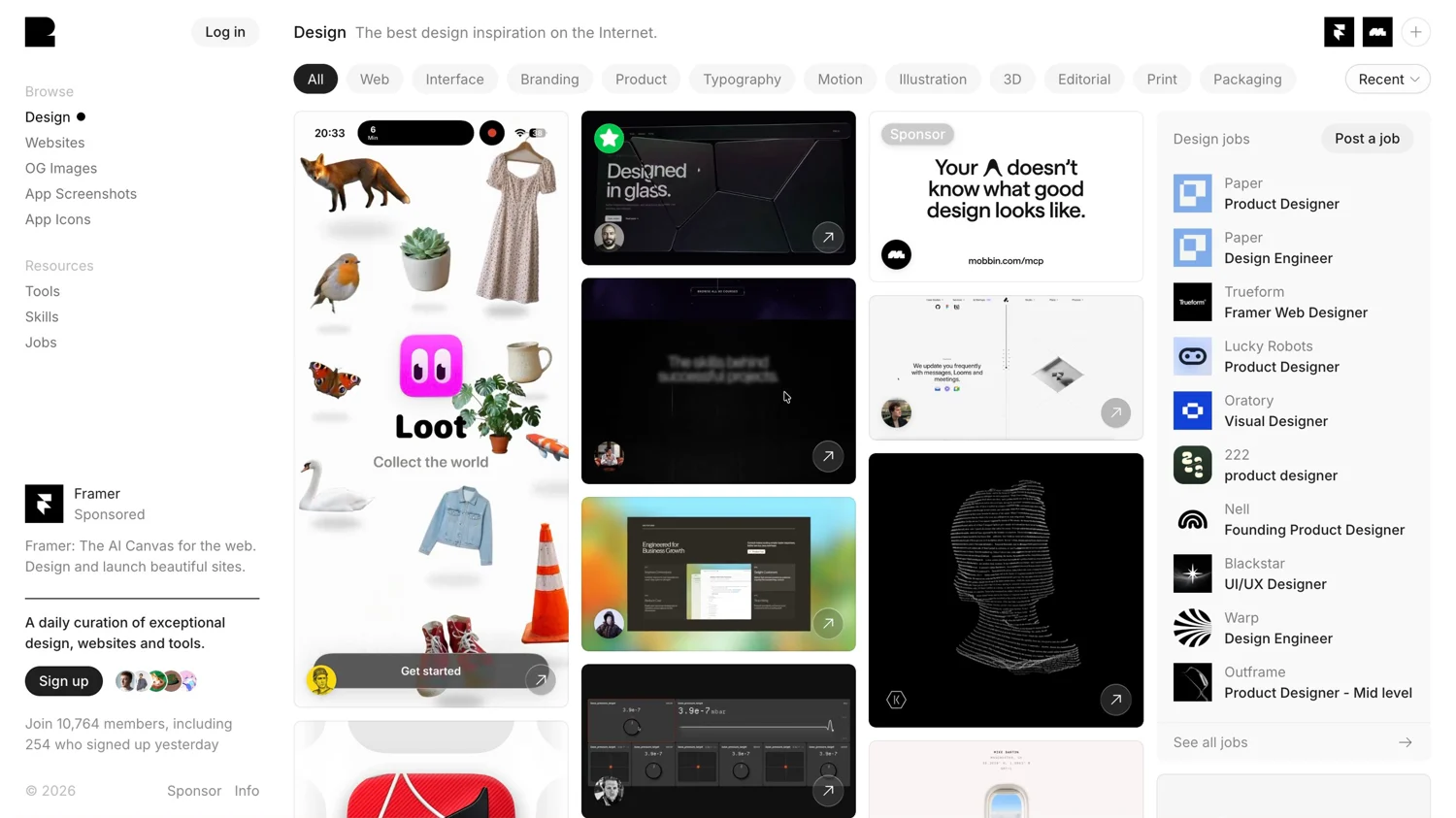 Recent feed showing curated websites, motion studies, and interface designs