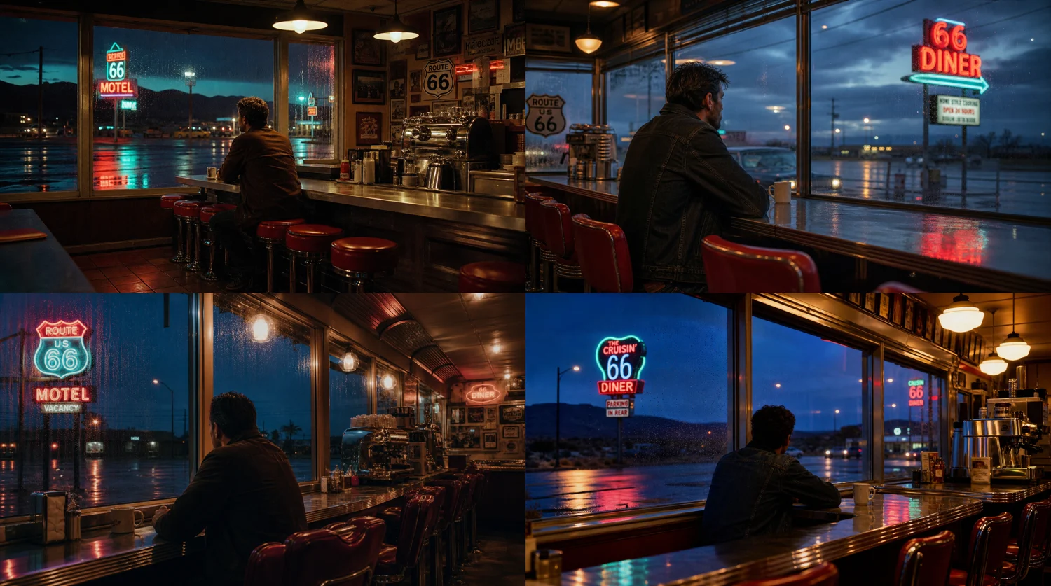 1960s American retro diner on Route 66 generated from a Korean prompt with neon lights and rain-streaked windows