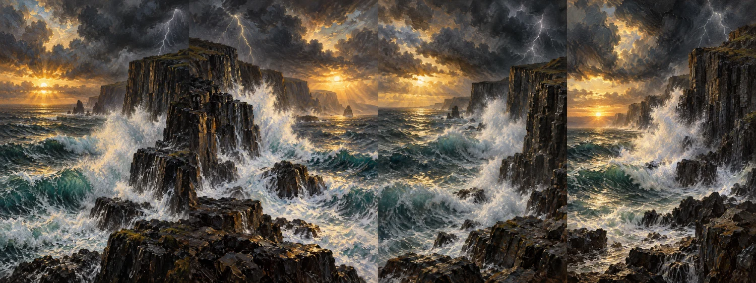 Dramatic coastal basalt cliff oil painting generated with GPTImage2.5 Sunburst