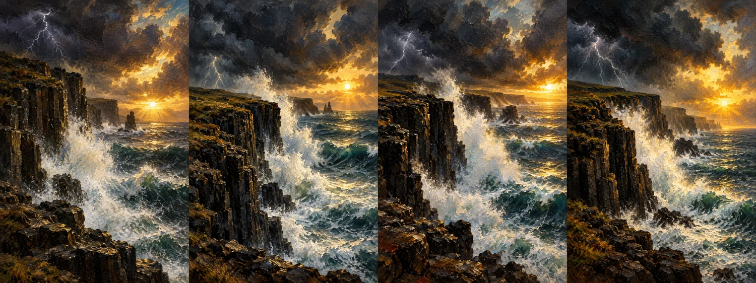 Dramatic coastal basalt cliff oil painting generated with GPTImage2.5 Flare