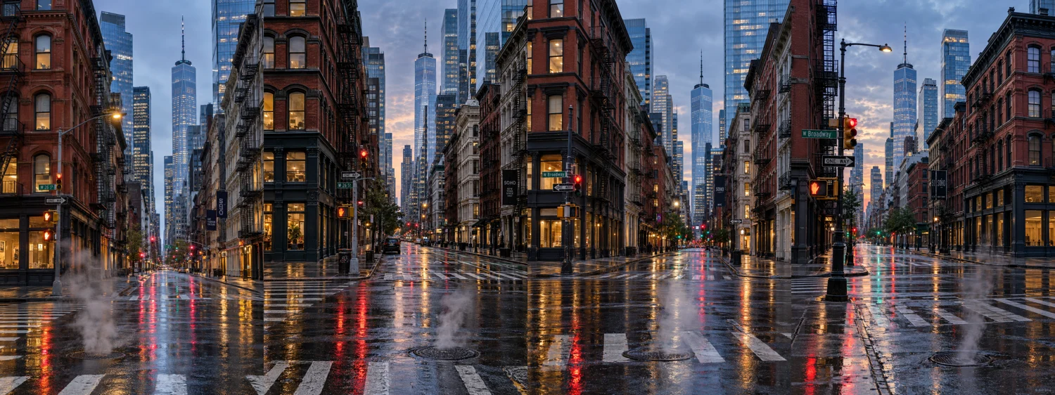 New York intersection photograph generated with Leica 35mm lens specifications