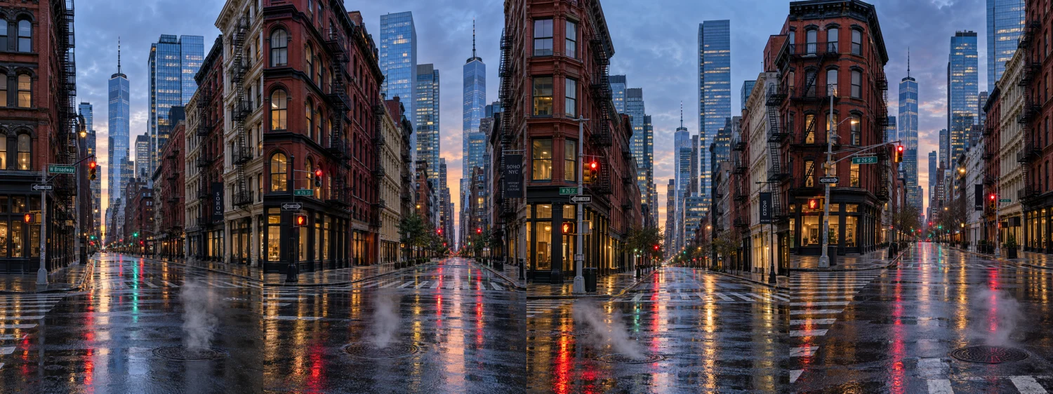 New York intersection photograph generated with Sony 16mm ultrawide lens specifications