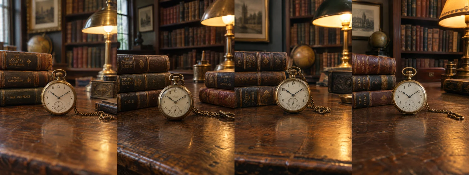 Vintage brass pocket watch photograph generated with Leica 35mm film camera settings
