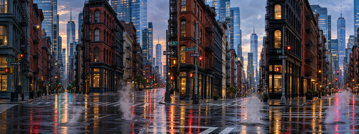 New York intersection photograph generated with Nikon 200mm telephoto lens specifications