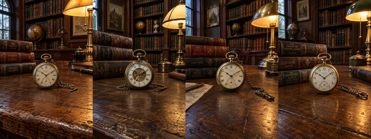 Vintage brass pocket watch photograph generated with Sony 16mm f16 settings