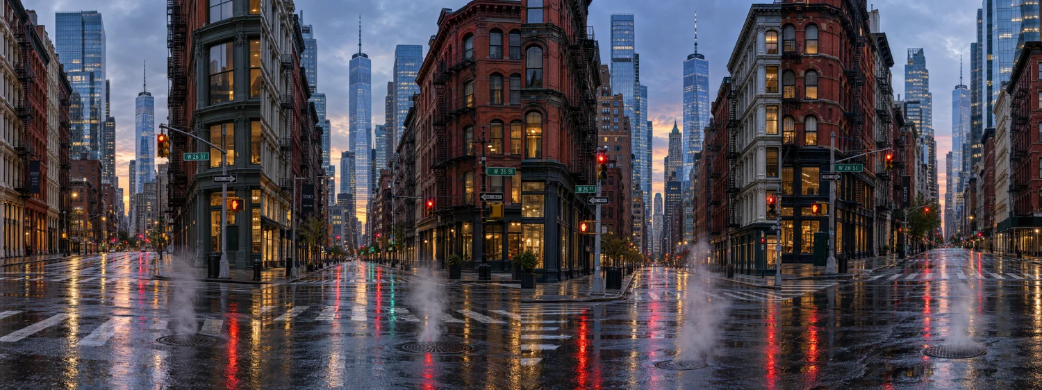 New York intersection photograph generated with Hasselblad 80mm medium format specifications