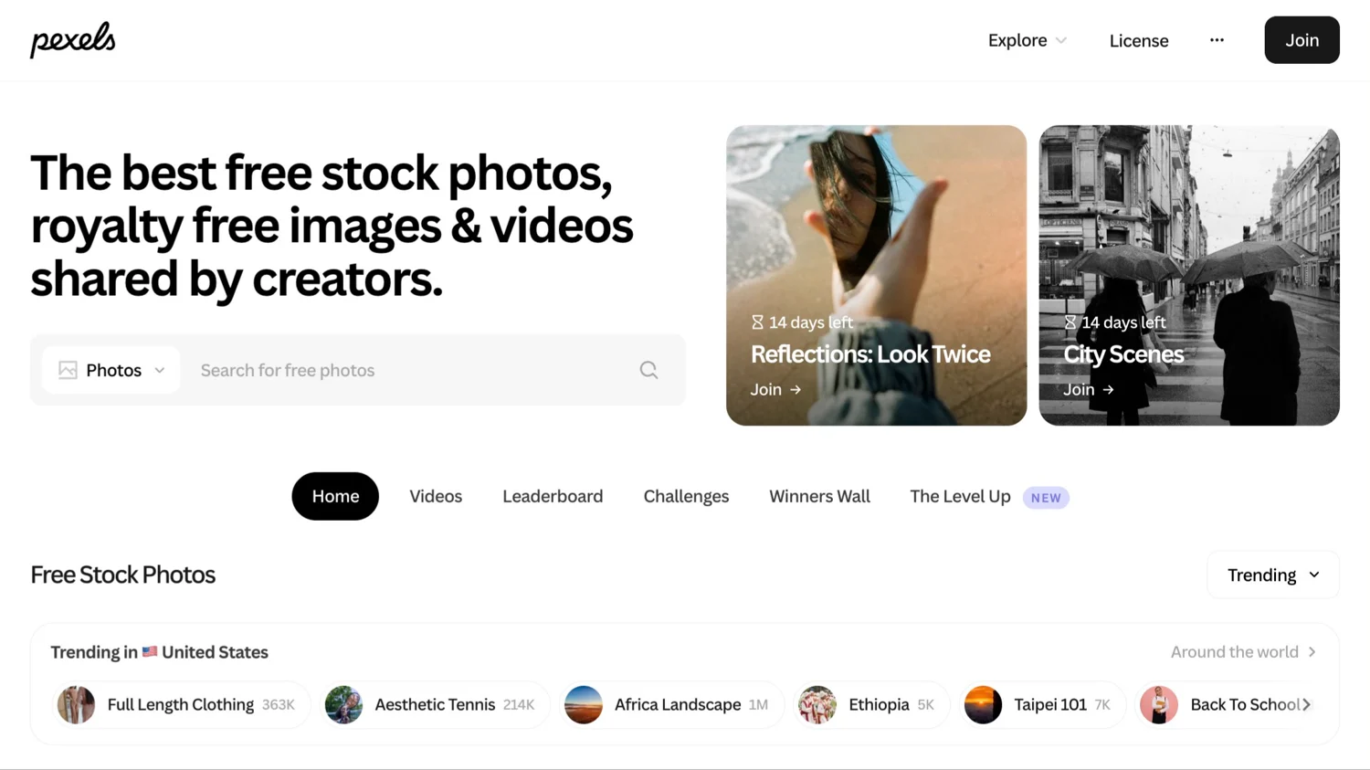 A collection of themed stock photos and video clips displayed on Pexels