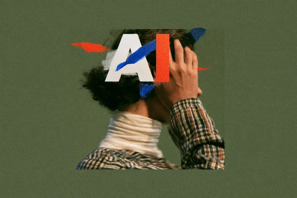 Person obscured by AI lettering