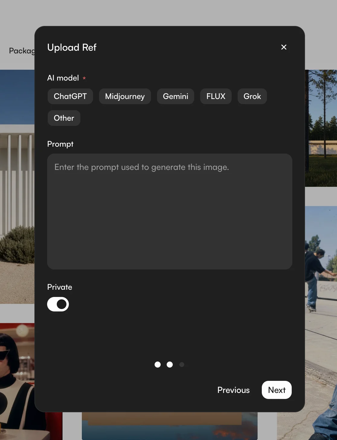 The ctrlc.ai private upload toggle interface and the dedicated private tab on the creator profile