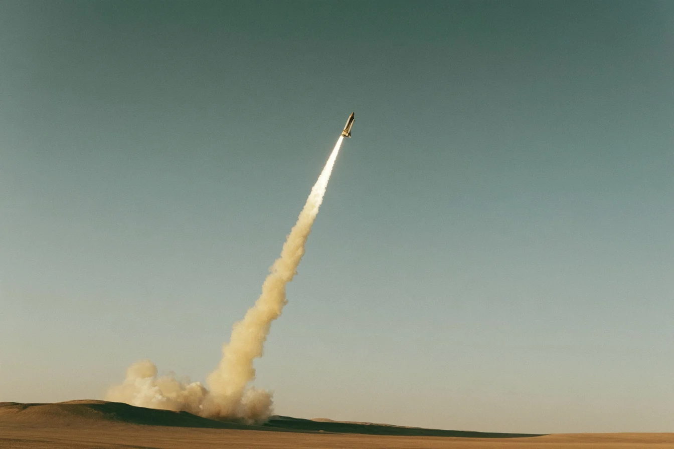 Rocket launching over a desert landscape