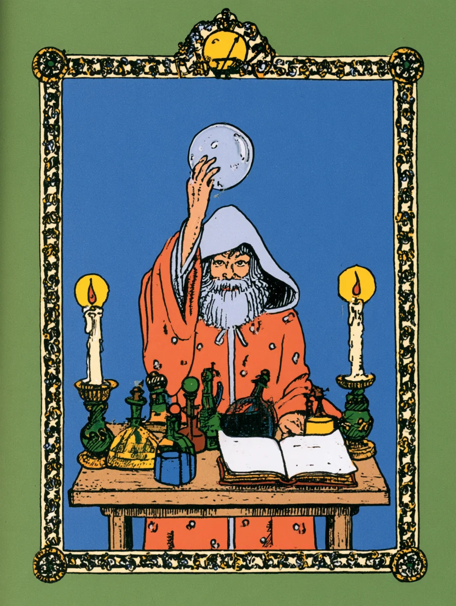 Alchemist with Glowing Orb and Potions