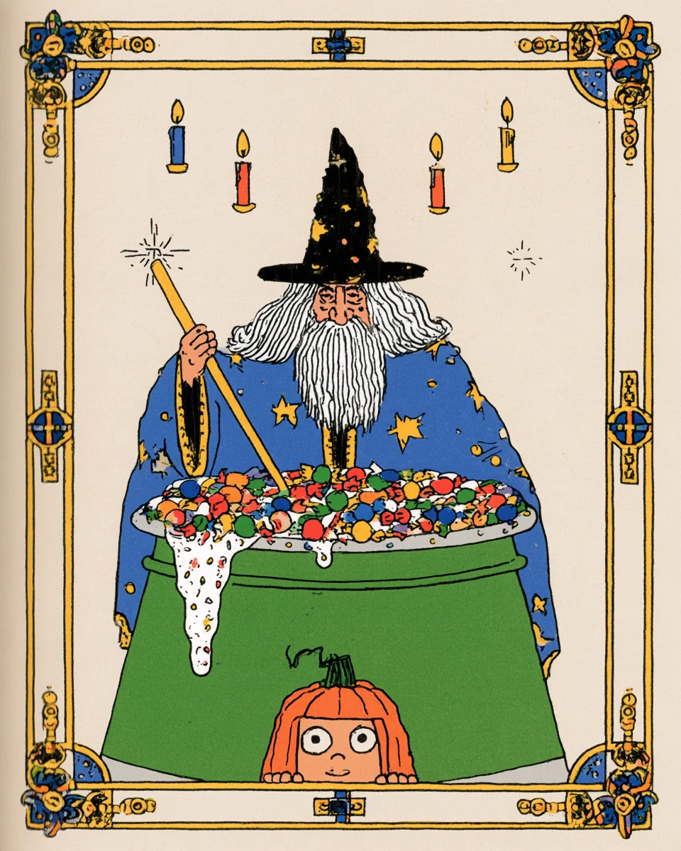 Wizard Stirring a Cauldron of Sweets