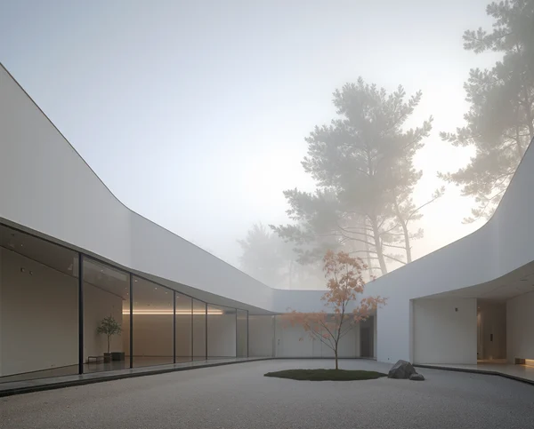 Minimalist Courtyard in Foggy Forest