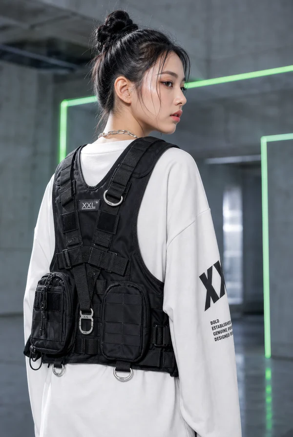 Young Woman Wearing Tactical Vest and White Shirt