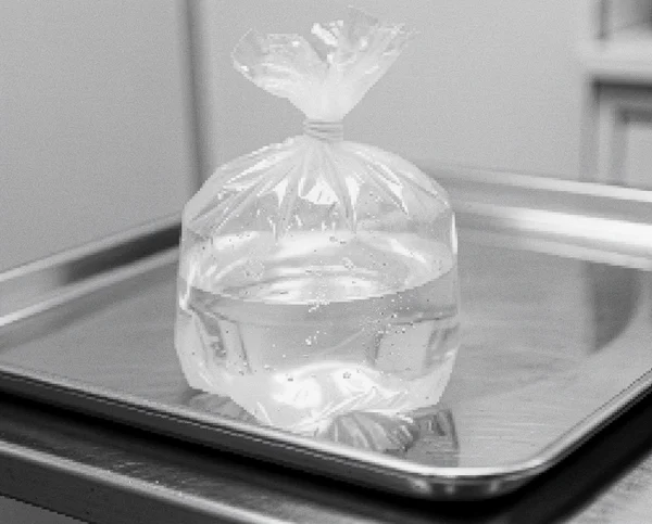 A Plastic Bag Filled With Water on a Metal Tray