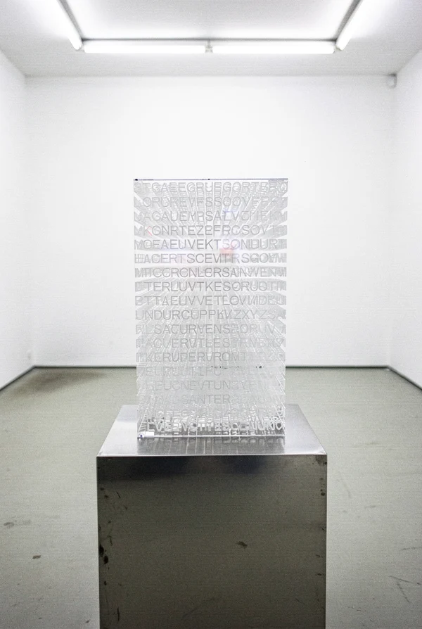 Transparent Lettered Sculpture on Metal Pedestal