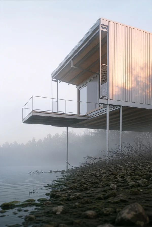 Modern Stilt House Overlooking a Misty Lake