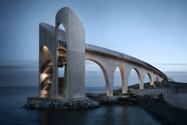 Modern Concrete Arch Bridge Over Coastal Waters