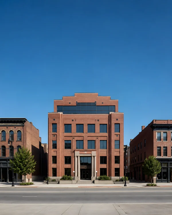 Symmetrical Brick Building on a City Street