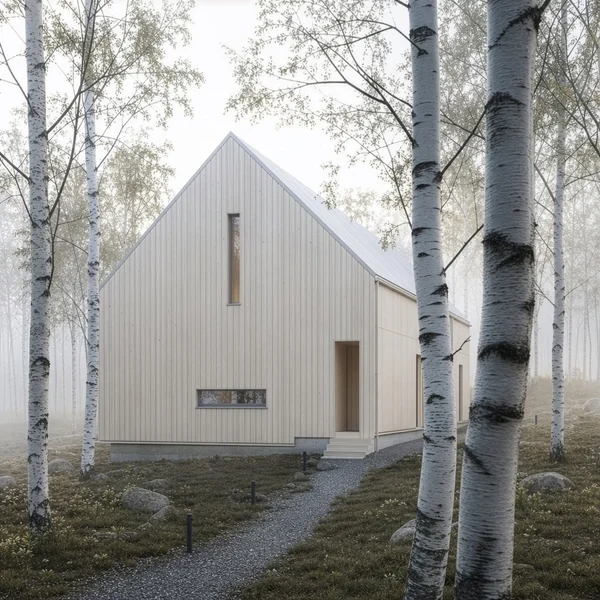 Minimalist Wooden House in a Misty Birch Forest