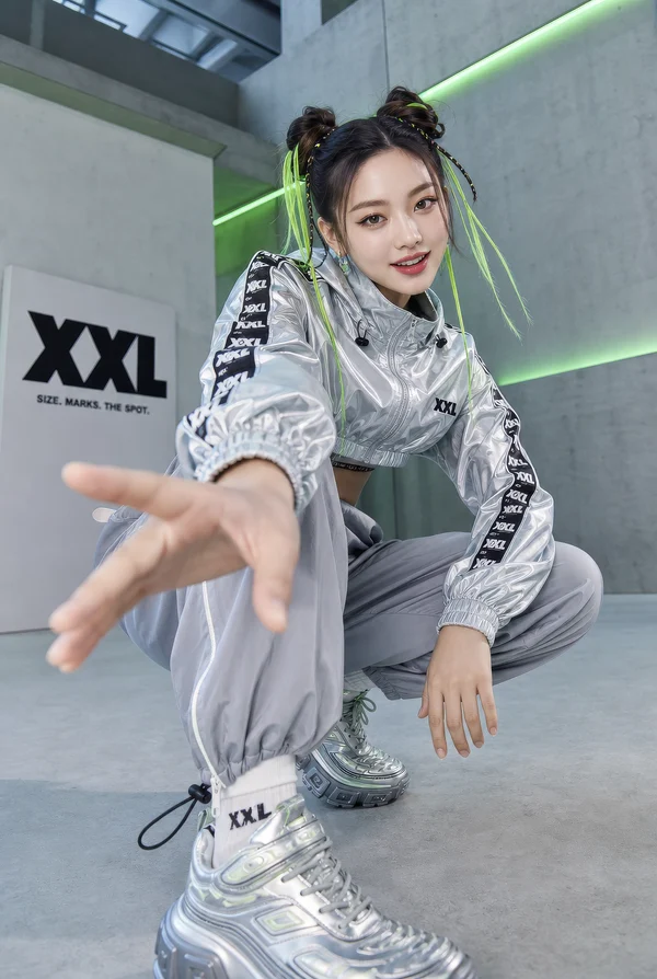 Young Woman in Futuristic Metallic Streetwear