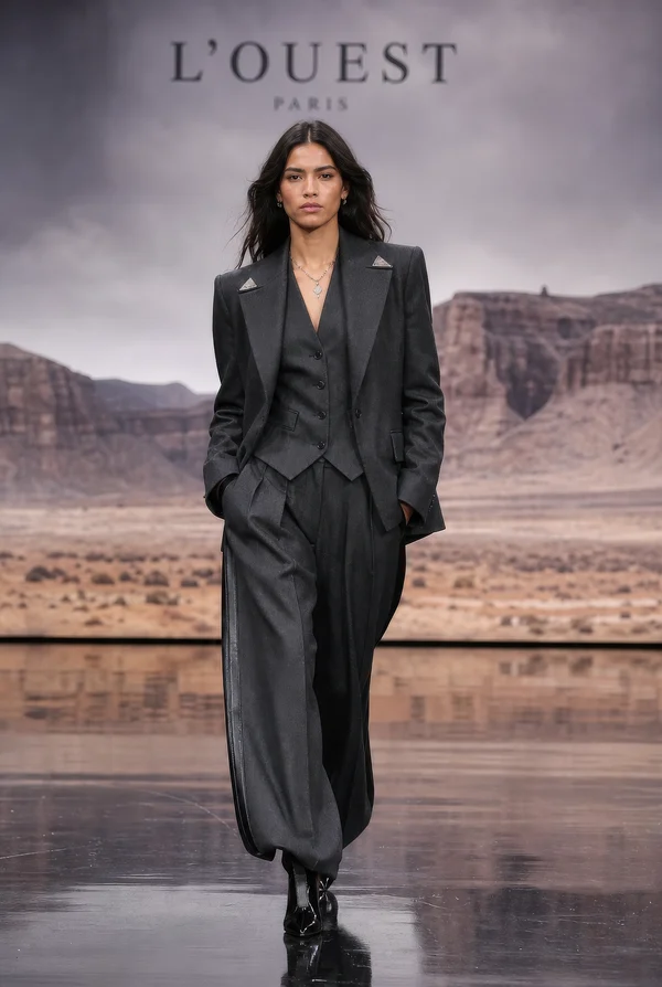 Model Walking on Runway in Desert Setting