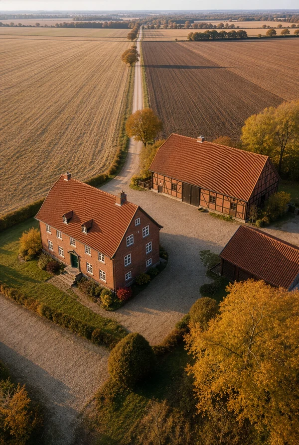 Aerial View of a Rural Farmstead in Autumn