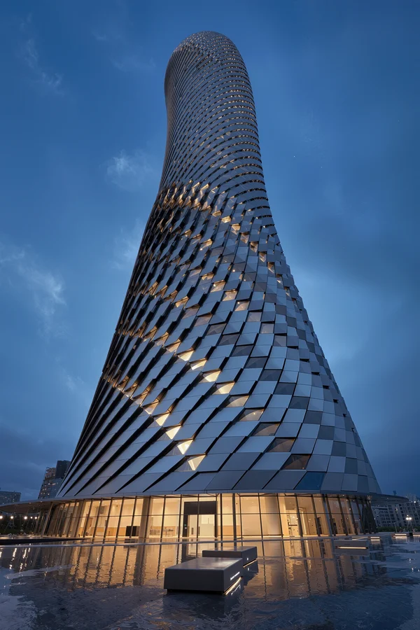 Modern Spiral Skyscraper at Twilight