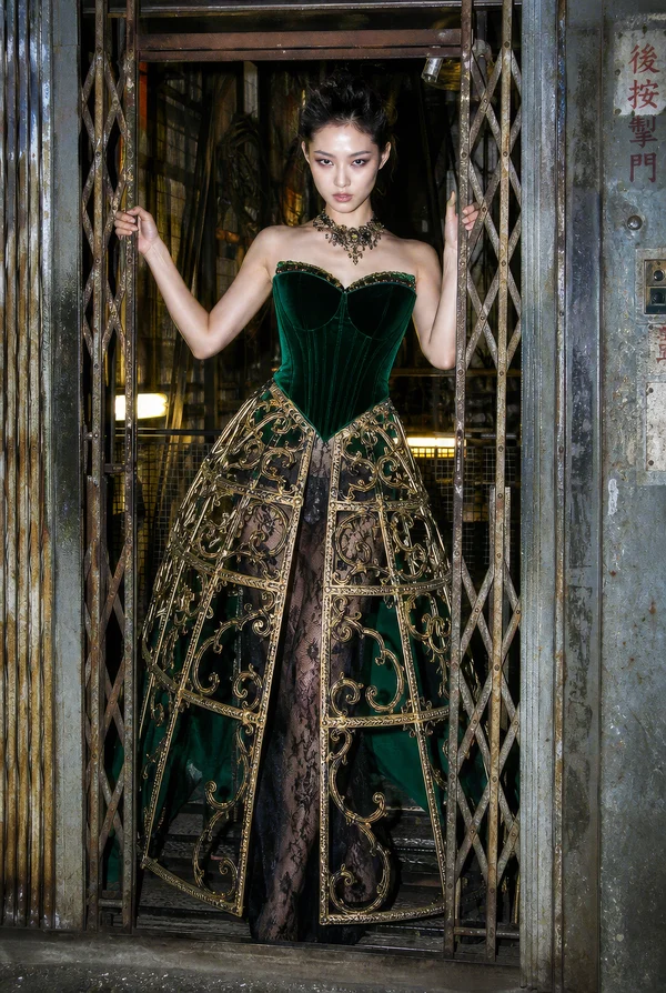 Woman in Ornate Velvet Gown in Industrial Elevator