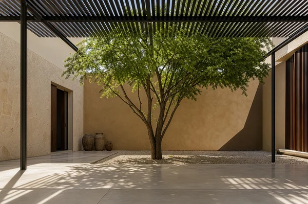 Minimalist Courtyard with Tree and Pergola