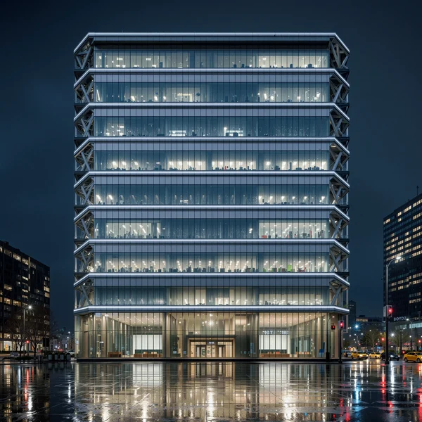 Modern Glass Office Building at Night