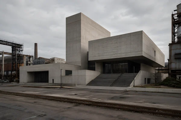 Brutalist Concrete Building in Industrial Setting