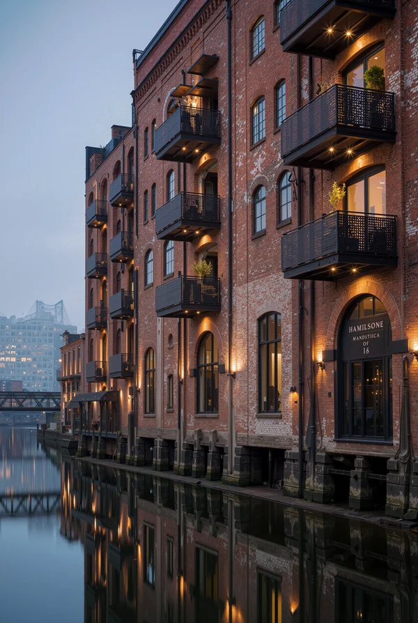 Brick Warehouse Building Along a Canal at Dusk