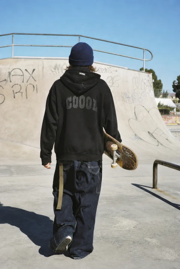 Skater Walking Through a Concrete Skatepark