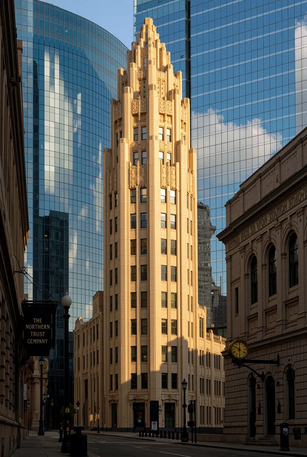 Art Deco Skyscraper Amidst Modern Glass Buildings