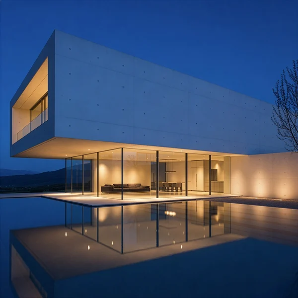 Modern Concrete Villa with Reflecting Pool at Dusk