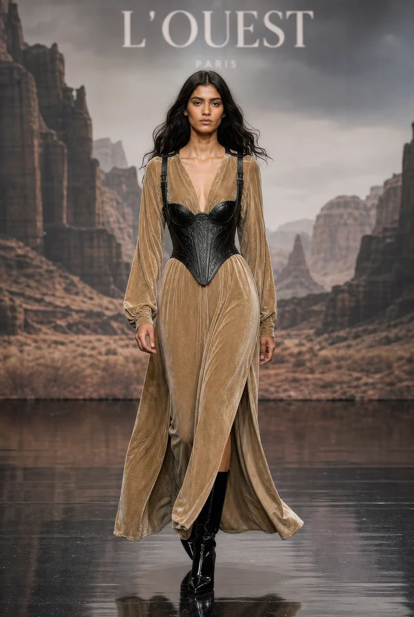 Model on Runway in Velvet Dress and Corset