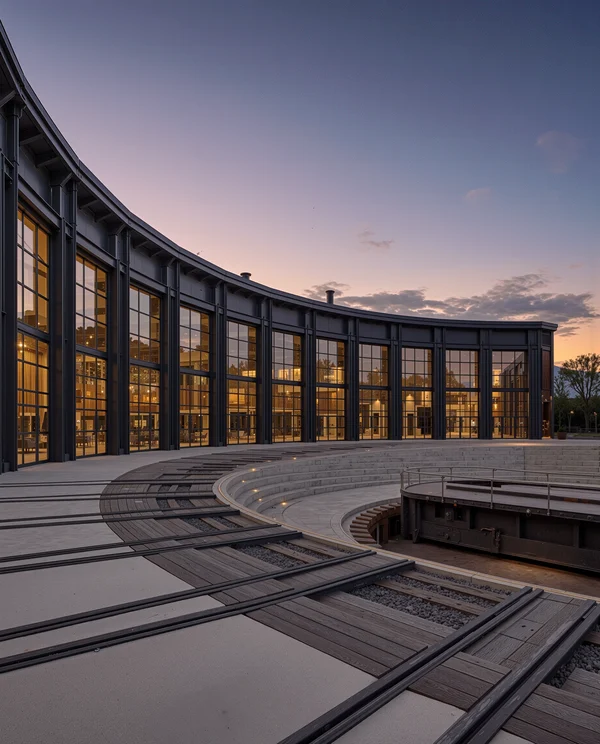Modern Circular Building with Railway Tracks