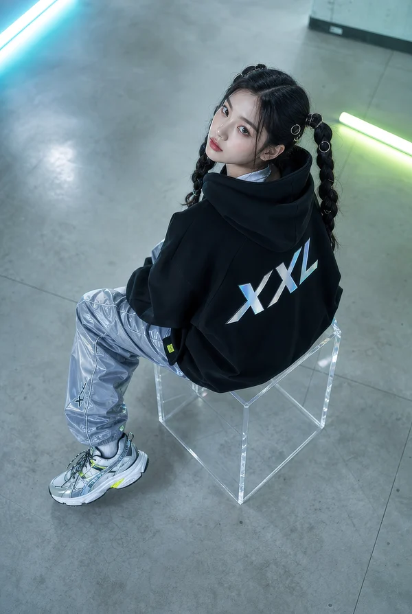 Young Woman in Streetwear Sitting on Clear Chair