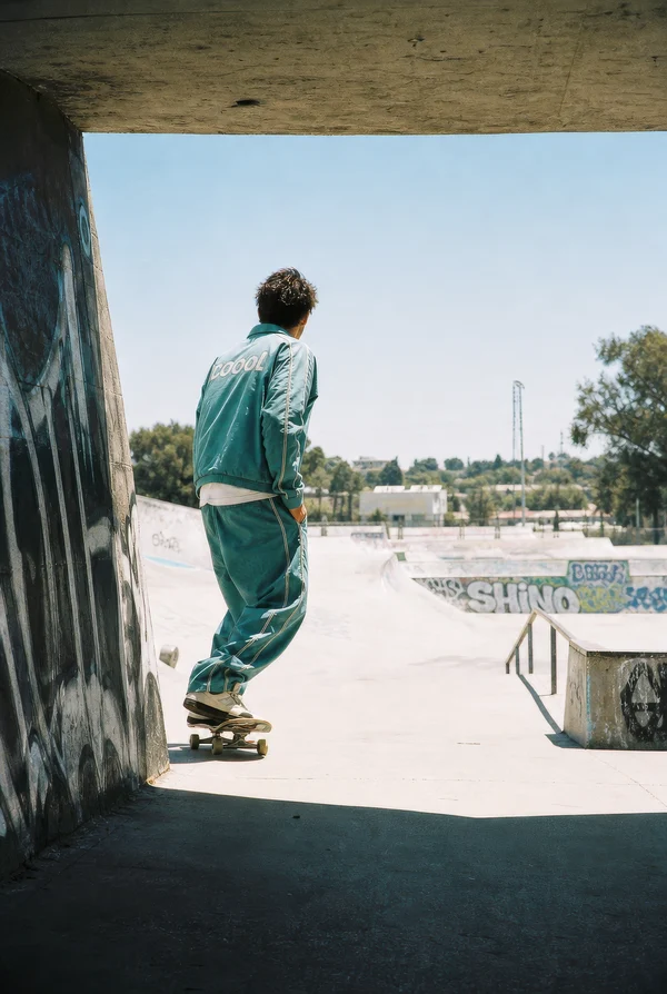 Skater in a Teal Tracksuit at a Concrete Park